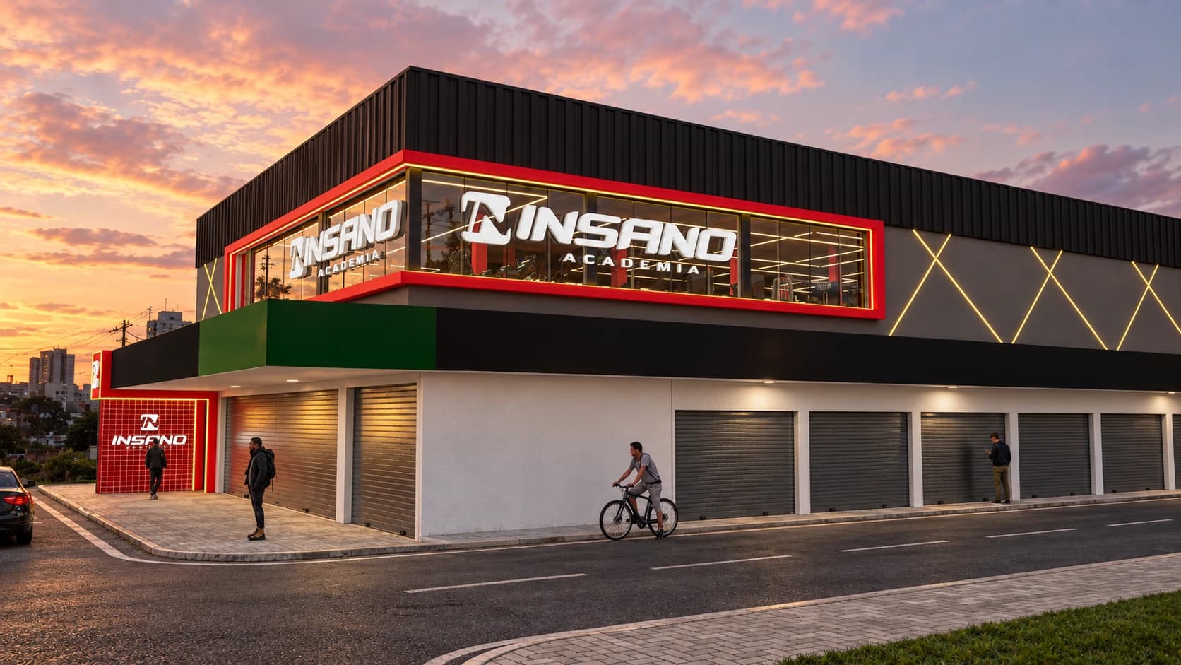 Fachada da futura Insano Academia Benguí ao entardecer, com letreiro INSANO iluminado sobre a vitrine do andar de cima